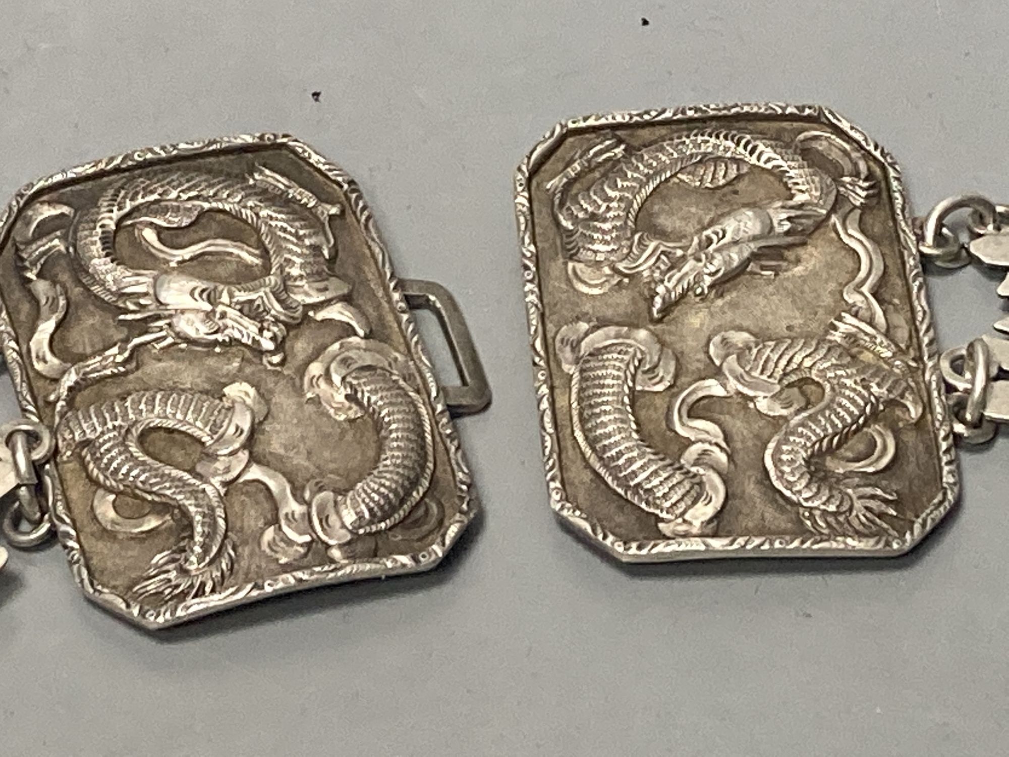 A late 19th century Chinese white metal wedding belt, by Cumwo, 83.5cm, 197 grams.
